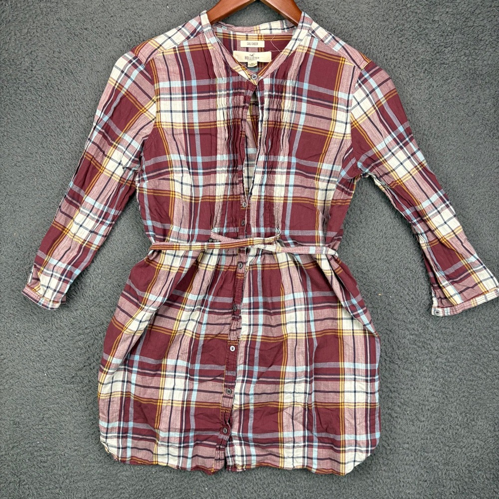 Hollister Cali Sheer Plaid Button Down Tunic Shirt Dress Womens Medium Burgundy